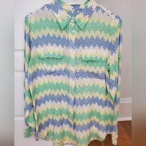 Equipment Silk Blue Green and Yellow striped button down blouse. Size L